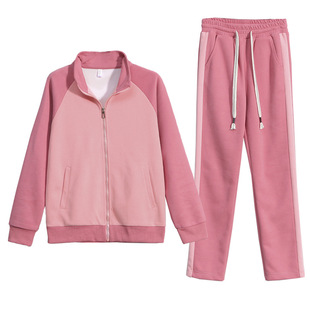 High Cotton contrast color fashion casual sports suit women's spring and autumn stand collar cardigan sweater sweatpants Western style age-reducing two-piece suit
