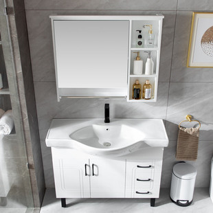 Small Apartment Bathroom Cabinet Oak Mirror Cabinet Combination Big Belly Integrated Ceramic Basin Wash Countertop Floor-standing Solid Wood Cabinet