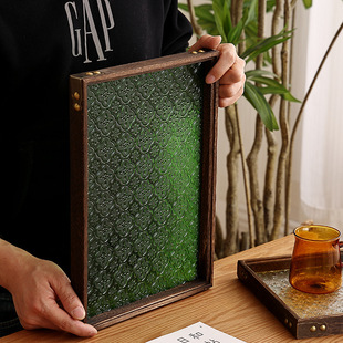 Vintage Green Embossed Begonia Flower Glass Tray Solid Wood Tray Coffee Tray Household Tea Tray Decorative Storage Tray