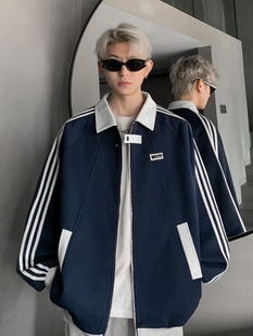 Three Bars Contrast Laps Coat Men's 2024 Spring and Autumn New American Style High Street College Style Loose Casual Jacket