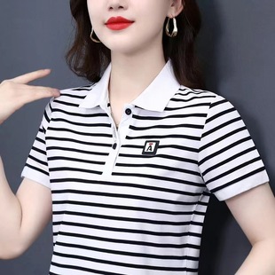 Cross-border 2023 Summer new Japanese and Korean style lapel striped short-sleeved T-shirt women's polo sports casual plus size top