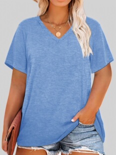Cross-border Foreign Trade plus size Clothing European and American Casual V-neck Pullover Women's T-shirt Single Piece Stamping Plus Size Women's Clothing