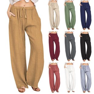 2023 Amazon Ebay Aliexpress Plus Size Women's Elastic Waist Long Linen Casual Loose Wide Leg Pants for Women