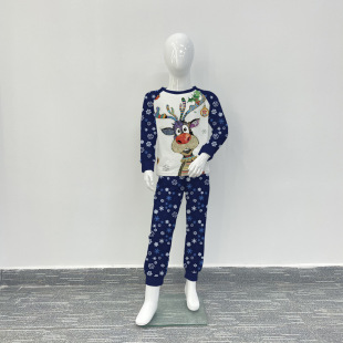 AliExpress Independent Station New Christmas Parent-child Suit Cross-border Fawn Print Blue Snowflake Home Clothes Pajamas