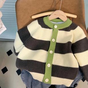 Color Matching Middle and Big Children's Cardigan Sweater Coat All-match Round Neck Striped Autumn and Winter Fashionable Raglan Fashion Knitted