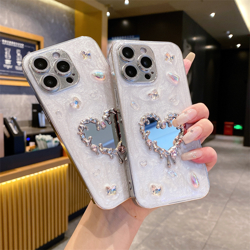High-end, light luxury sparkling diamond heart mirror butterfly case for Apple iPhone 16 Pro Max and iPhone 15 (new model 14)
