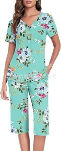 New Women's Printed Home Clothes Pajamas suit Short Sleeve Capri Pants Pocket Amazon