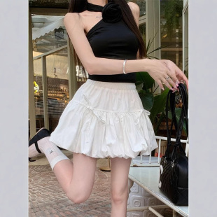 Design Sense Bow Strap Poncho Skirt White Skirt Women's Summer Sweet Style A- line Short Skirt Flower Bud Skirt