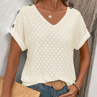 Amazon Independent Station 2025 European and American Cross-border Spring and Summer New V-Neck Button Solid Color Circle Loose Short-sleeved T-shirt for Women