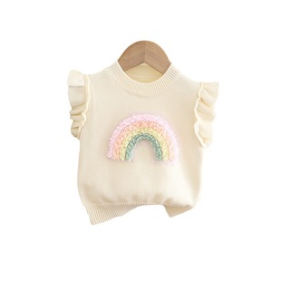 Children's Rainbow Bridge sweater vest autumn and winter New knitted vest female baby Western style cute card shoulder sweater 2023