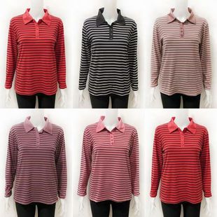 Spring and Autumn Clothes Middle-aged and Old People's Velvet Strip Lapel T-shirt plus size Mom Loose Long Sleeve Top Base Autumn Clothes