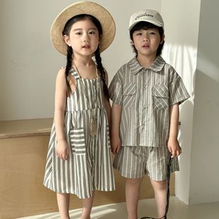 Children's Summer suit Boys' Shirt Striped 2025 New Baby Western Style Girls' Sling dress Brothers and Sisters