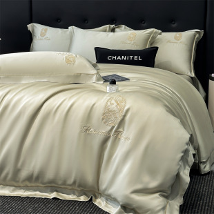 Summer Ice Silk Embroider Accessible Luxury Washed Silk Four-Piece Set Silky Bed Bed Sheets Quilt Cover Classy Naked Sleeping Bed Three-Piece Set