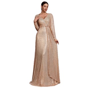Cross-border New Sequin Long-sleeved V-neck Banquet Evening Dress European and American High-end Elegant Elegant Long Dress Annual Meeting Pai Dress