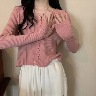 Spring Pure Desire Top Thin Korean Style New Design Short Women's Knitted Cardigan V-Neck Long Sleeve Sweater Jacket