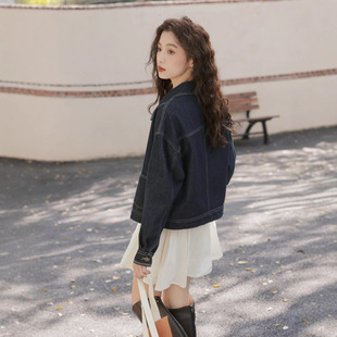 2025 Spring New Korean Style Vintage dark blue Ins Short Embroidered Long-sleeved Denim Coat for Small Women