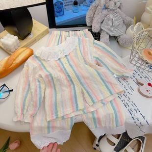 Children's Spring and Summer Air-conditioning Clothes suit Girl's Cute Lace Pajamas Big Children's Cartoon Loose Time Cotton Home Clothes