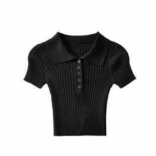 2024 Summer Internet Popular Retro Lar Short-sleeved Knitted Shirt Women's Slim-fit Slimming Short Navel-exposed White Top