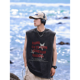 Short-sleeved T-shirt Men's Trendy Brand Summer American Washed Cotton Sleeveless Loose Vest Round Neck Youth Personalized Casual T-shirt