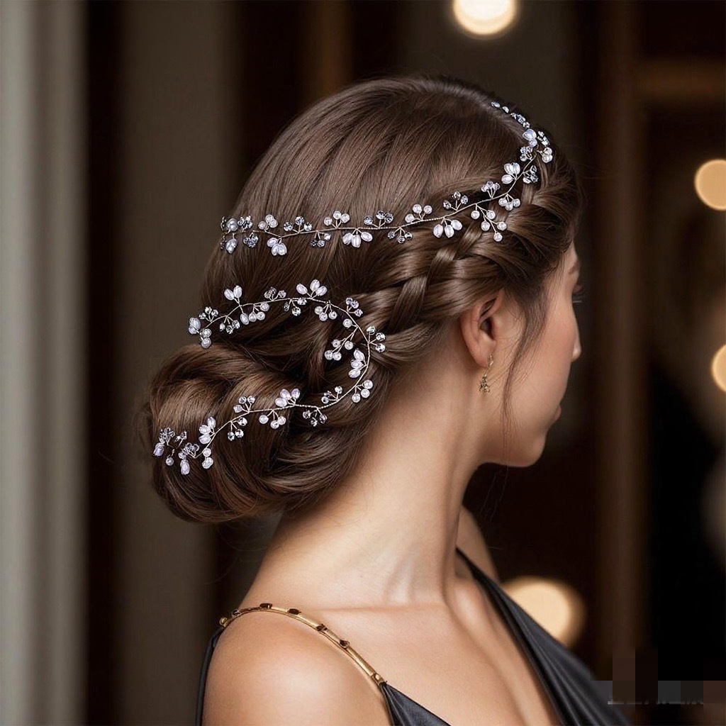 Cross-Border Bridal Headwear, Handmade Crystal Pearl Headband, European and American Wedding Dress, Evening Party, Long Bridesmaid Headband, Head Flower