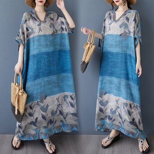 Real shot 2025 summer new style color holiday style travel V-collar retro long skirt covering flesh cotton and linen dress women's clothing