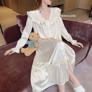 2025 New Palace Style Nightgown Women's Ice Silk Long Sleeve Spring and Autumn Sweet Home Clothes Outer Wear Princess Style dress