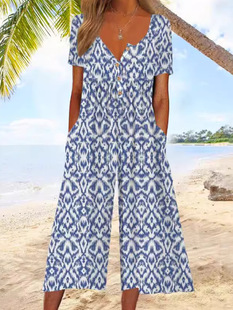 2024 new cross-border foreign trade Europe and the United States women's independent station spring and summer explosions printed pocket button jumpsuit #56