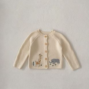 ins2024 Autumn Baby Boys and Girls Baby Cute Fun Embroidered Crewneck Cotton Sweater Knitted Cardigan Jacket