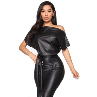 European and American autumn and winter women's clothing Amazon explosions fashion diagonal collar bat wing PU leather short sleeve hip dress spot