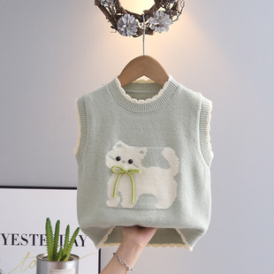 2024 New Children's Sweater Crewneck Pullover Girls' Vest Korean Baby Knitted Sweater Baby Vest