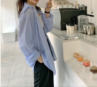 Women's Korean-style Gentle Lazy Lapel Single-breasted Bubble Textured Plaid Loose Anti-sunscreen Mid-length Shirt