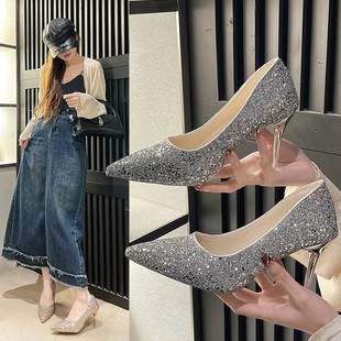 Fashion shoes 2024 new spring high heels bridal shoes sequined crystal shoes stiletto heel wedding shoes for women silver bridesmaid