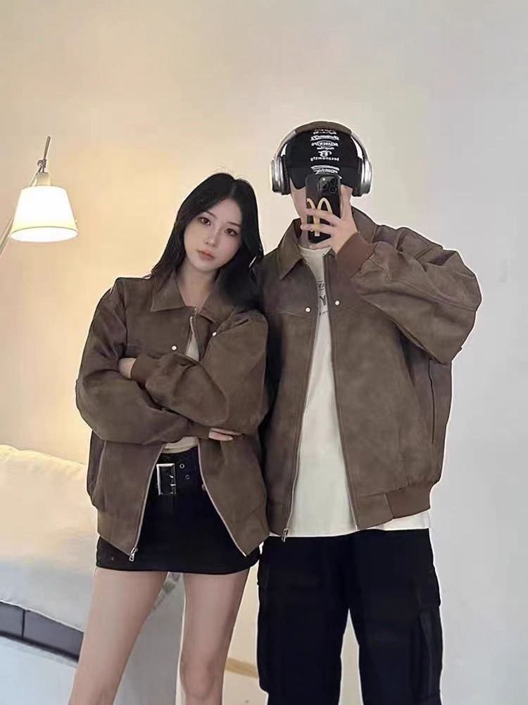 Pu Leather Spring & Fall 2025 New Suede Couple Jacket Casual Student American Retro Brown Lapel Jacket