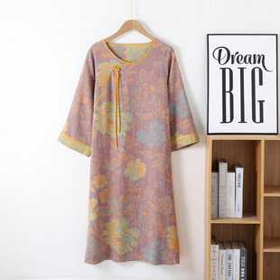 Vintage New Chinese Style Cotton Yarn-dyed Double Gauze Nightdress Spring and Autumn Women's Nine-point Sleeve Mid-length Home dress