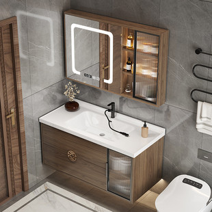 fLE Tejia New Chinese Style Wooden Bathroom Cabinet Bathroom Wall Cabinet Floor Cabinet for Face Washing Household Simple Ceramic Sink