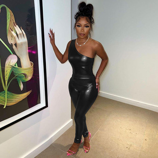 European and American style 2024 summer women's sexy bright one-shoulder top jumpsuit high waist hip trousers suit women