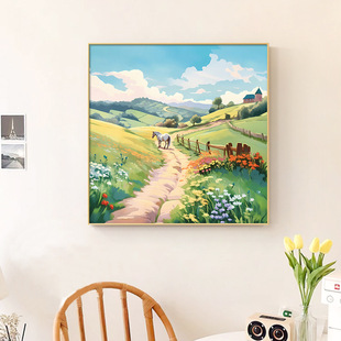 Pastoral Style Restaurant Decorative Painting Healing Department Living Room Sofa Background Wall Niche Hanging Painting Landscape Oil Painting Table Painting