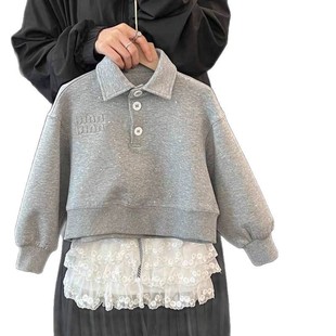 2025 new children's clothing girls spring and summer suit fashion children's lapel sweater lace skirt two-piece set