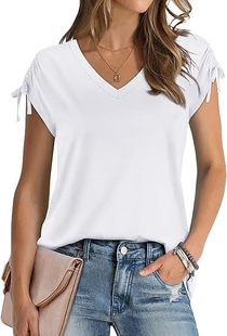 Amazon European and American cross-border foreign trade women's short-sleeved shirt drawstring summer fashion 2020V collar t-shirt