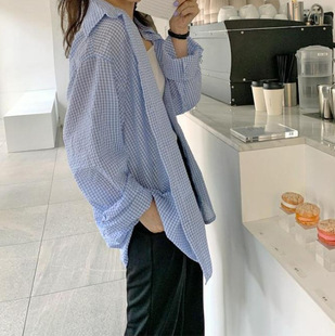 South Korea chic gentle lazy style lapel single-breasted bubble cotton texture plaid loose anti-DDoS mid-length shirt