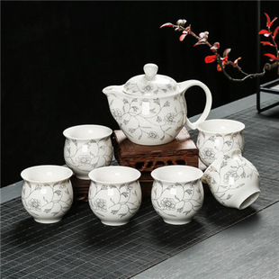Tea Set Complete Set with Insulated Double-Layer Cups, Kung Fu Tea Set, Large Ceramic Household Anti-Scalding Complete Set with Independent Stand