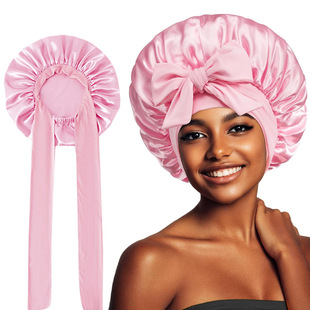 Amazon Women's Color Ribbon Round Hat Bow Silk Beauty Hair Care Hat Wide-brimmed Turban Nightcap Shower Hat