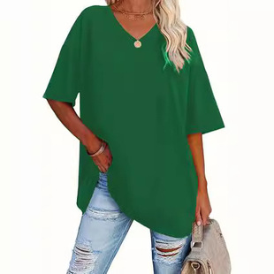2024 Amazon Women's Cross-border European and American Women's T-shirt Loose Top V-neck Solid Color Casual Short-sleeved Top