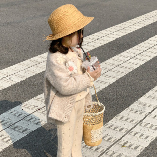 Nordic ins style new 2024 spring girls' handmade embroidered knitted cardigan wool sweater high-end simple