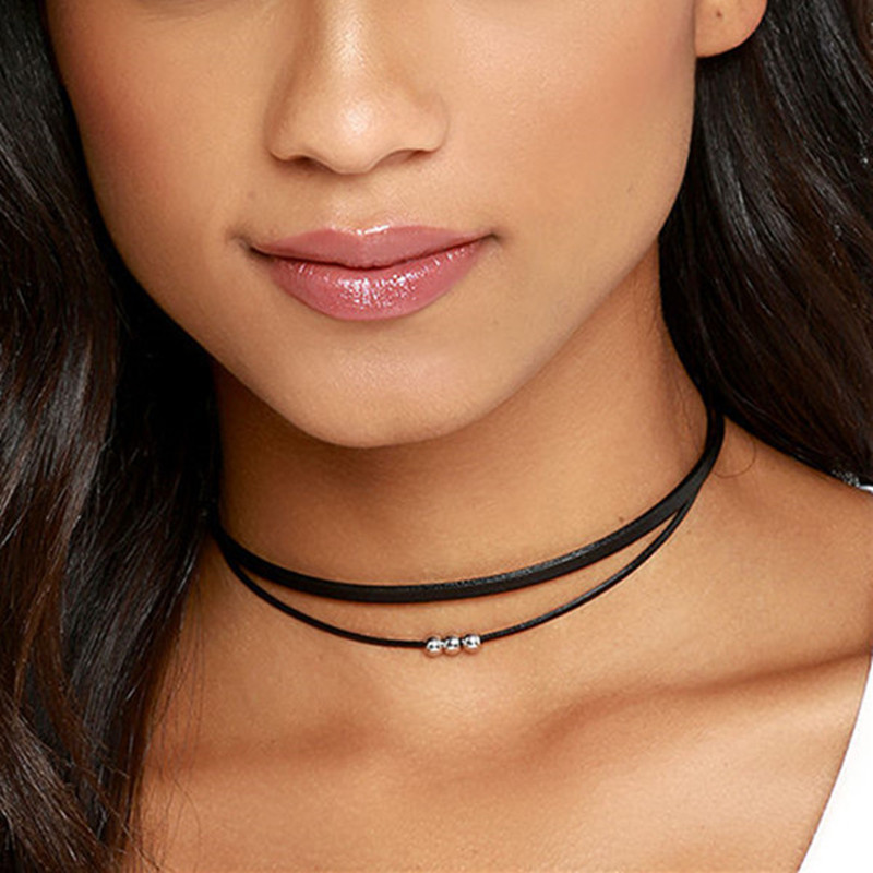 European and American personality Harajuku minimalist leather wax rope silver-plated beads chocker necklace women's double-layer necklace collar
