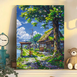 hayao miyazaki landscape digital oil painting diy hand painted coloring ins living room acrylic decorative painting texture three-dimensional landscape painting
