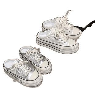White Pillow Crane Pearl Embroidered Canvas Half Tow Women's New Summer Outfit Thick Bottom One Pedal Baotou Heel White