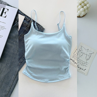 Sexy Pleated Camisole for Women with Breast Pads for Outer Wear and Inner Wear Dopamine Small Fresh Slim Fit Back Top for Women