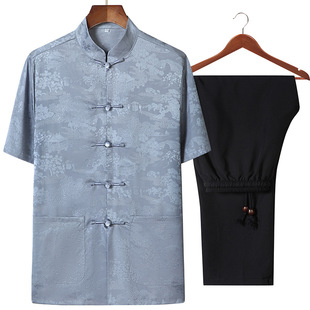 Middle-aged and elderly Tang suit men's Chinese style Chinese style men's cotton and linen short sleeve suit father's summer suit for the elderly grandfather