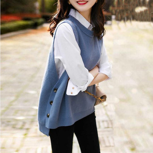 Korean Style Pure Color Versatile Women's Vest Spring & Fall New Slim Fit Round Neck Pullover Sleeveless Knitwear